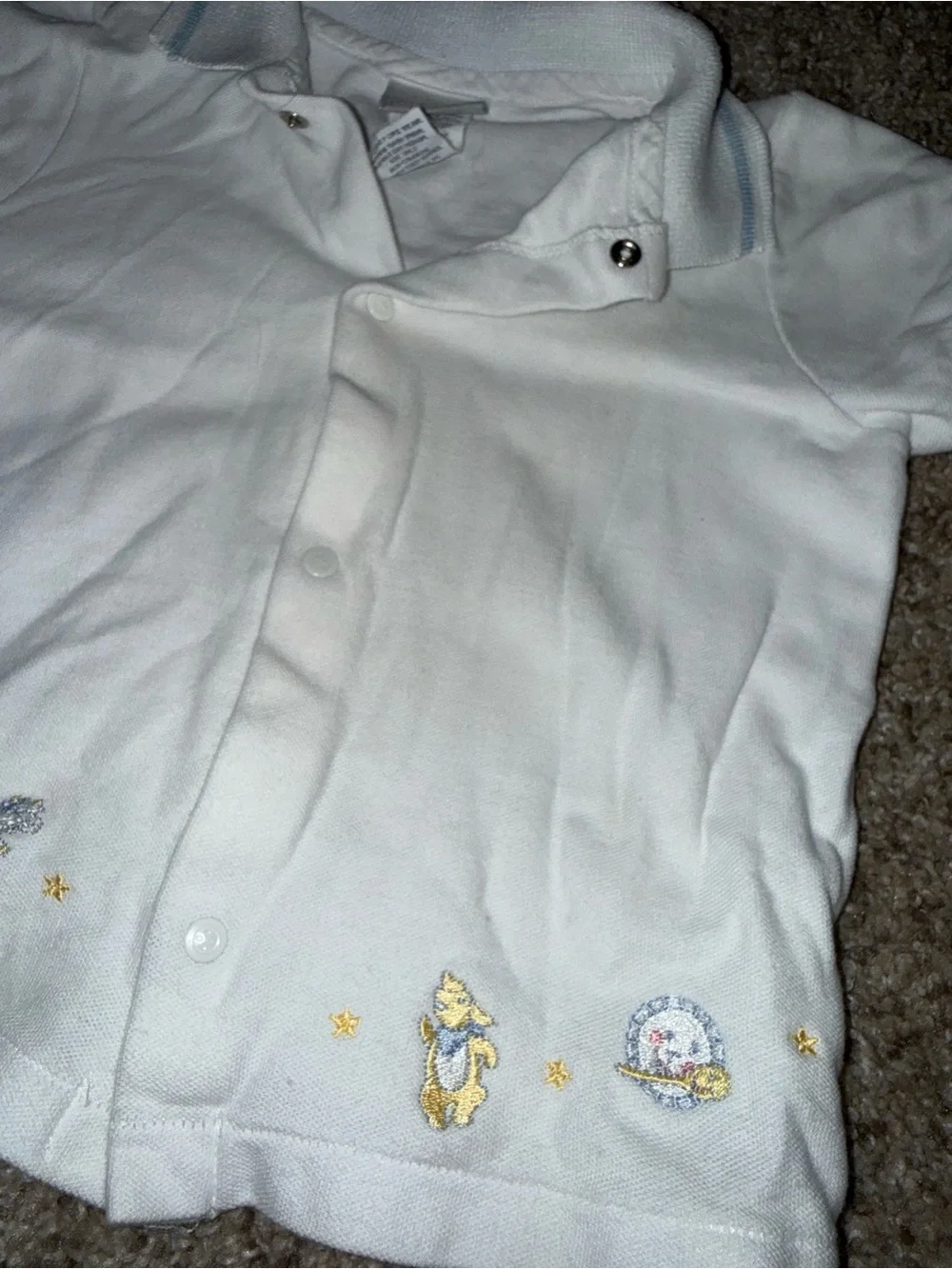 Vintage 90s Carter's White Knit Baby Polo Snap Shirt Nursery Rhyme Embroidery